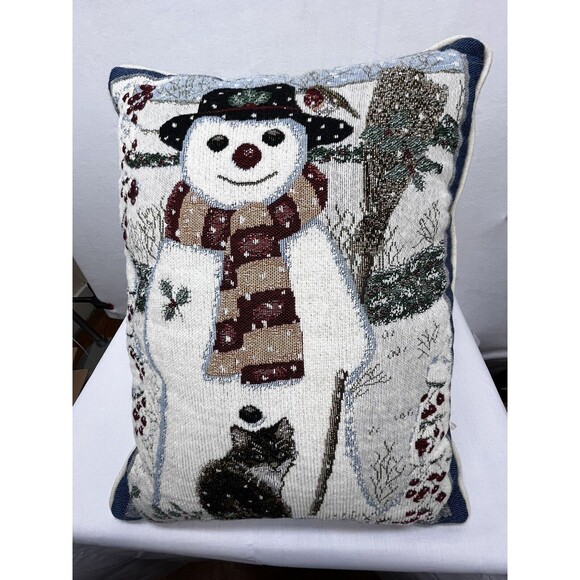 Anne Mortimer Winter Cat &  Snowman Tapestry Pillow 16 X 12 - Picture 5 of 8